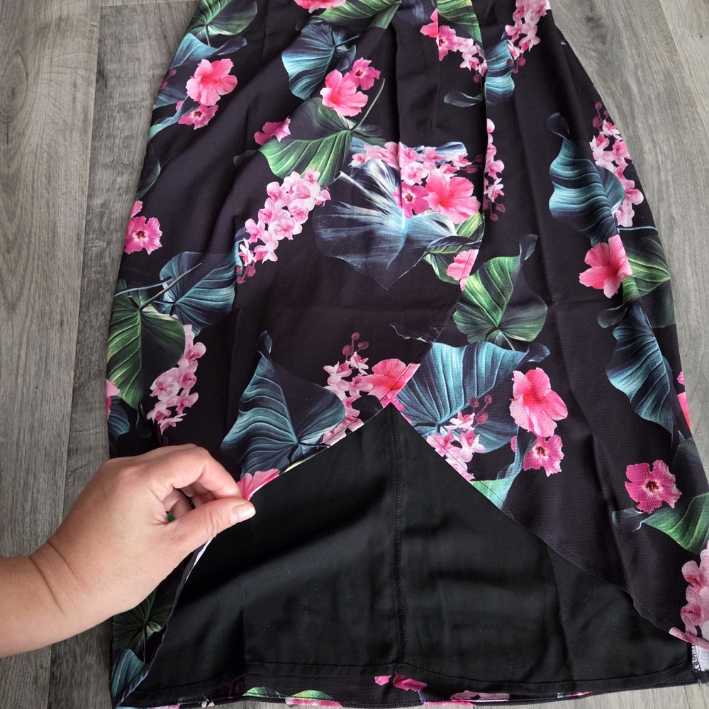 Nwt Apricot Black Tropical Floral Spaghetti Strap Midi Dress Front Slit Summer - Picture 7 of 10
